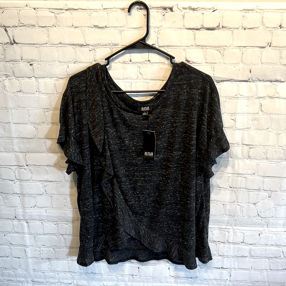 A.N.A size L Black with white dots and ruffles, short sleeve with ruffles